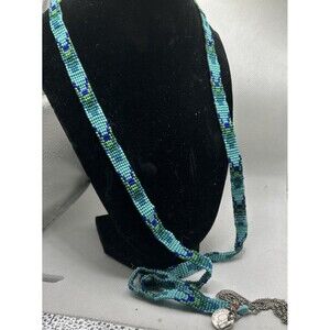 Chan Luu Beaded Bohemian Necklace 36” Silver fringe charms Festival Blue Native